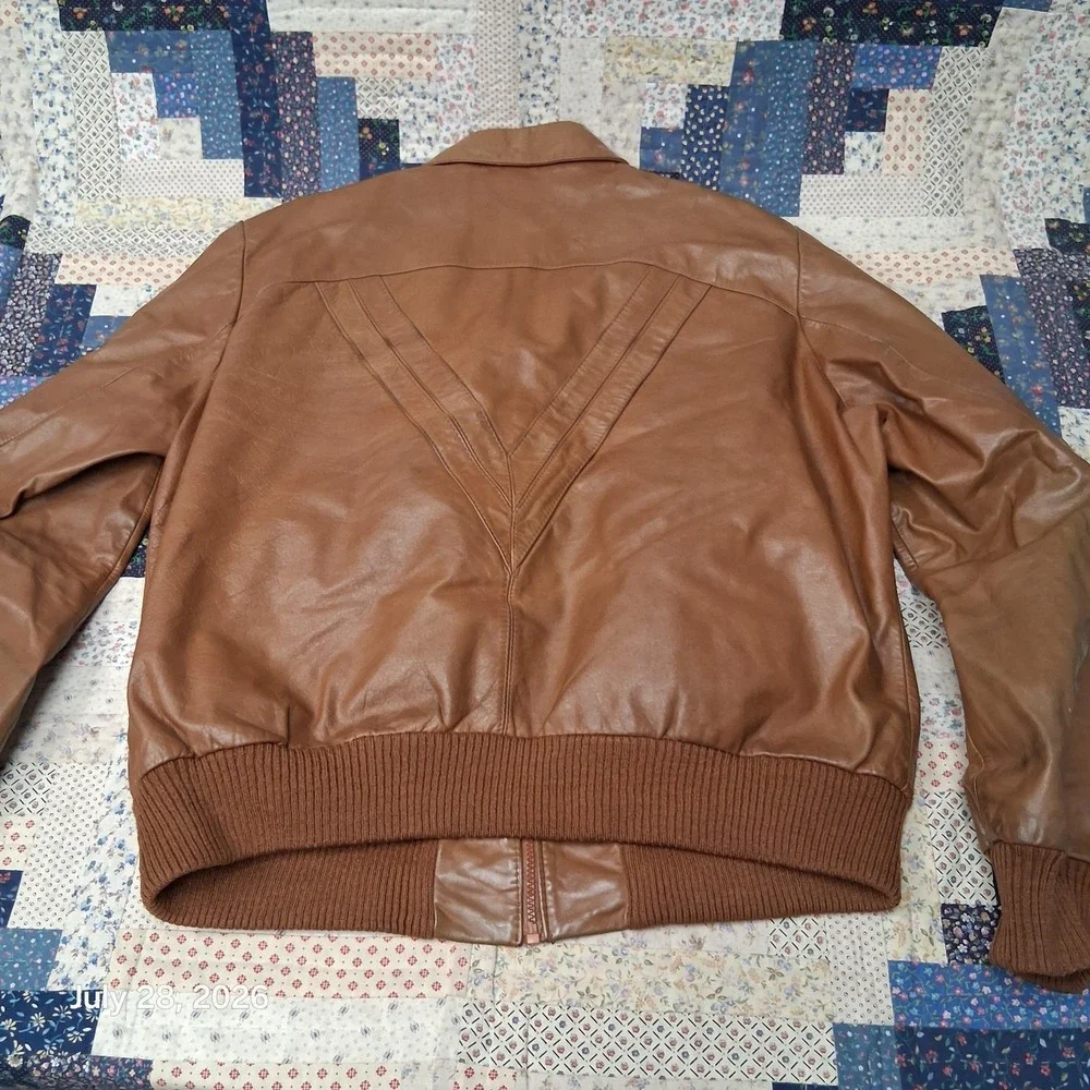 Vintage 80s Bermans Mens 48X Tan Leather Utility Bomber Removable Liner